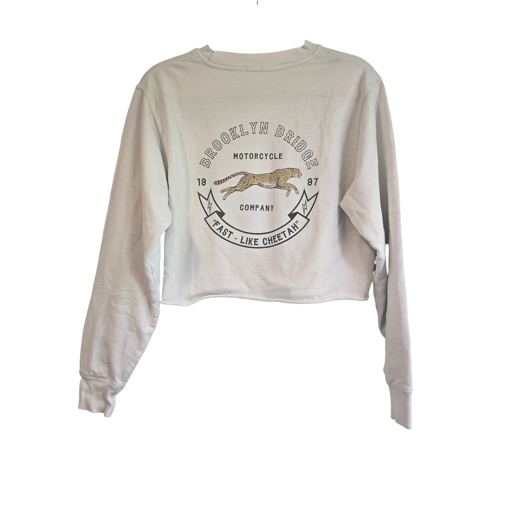 Brooklyn Bridge Motorcycle Co Cropped Graphic Sweatshirt‎ Gray Cheetah Raw Hem